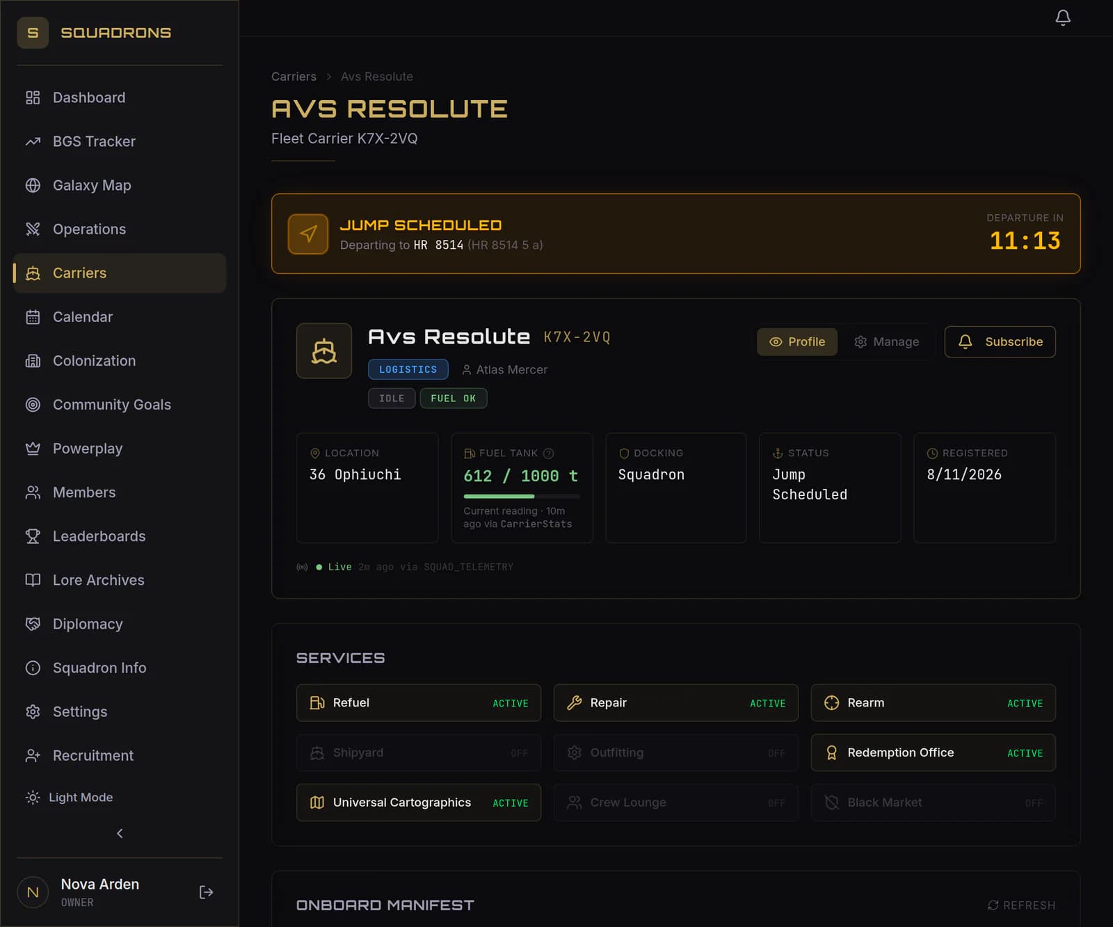 The fleet carrier page for AVS Resolute (K7X-2VQ) in Squadrons with a jump to HR 8514 scheduled, a live departure countdown, fuel state, and carrier services