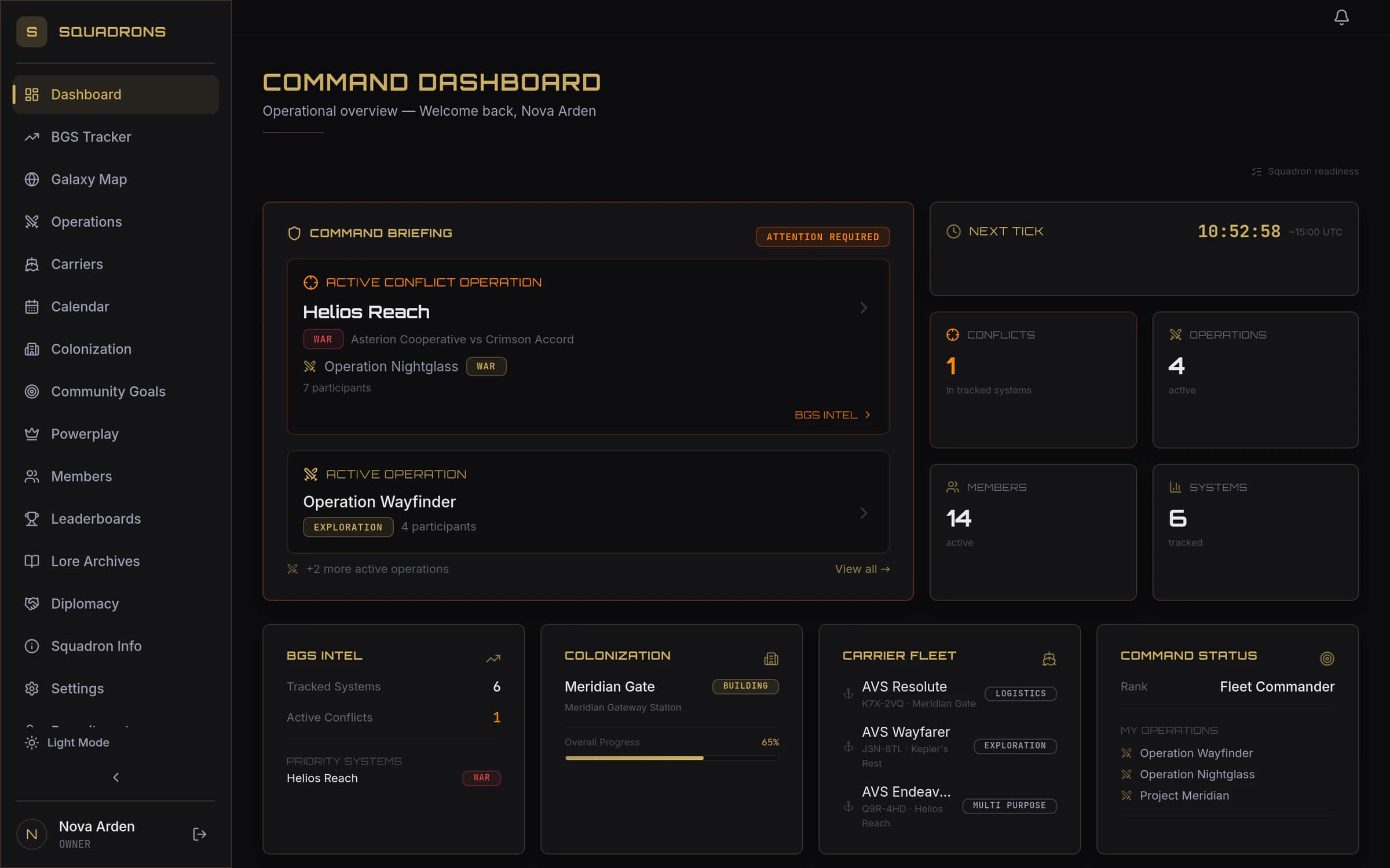 The Squadrons command dashboard for a demo squadron showing the command briefing with an active conflict, next-tick countdown, BGS intel, colonization progress, carrier fleet, and command status