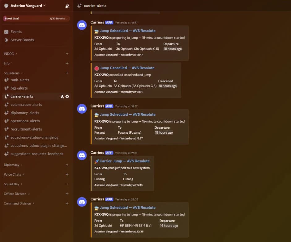 The #carrier-alerts channel in a squadron's Discord server, where the Squadrons carrier automation has posted jump scheduled, jump cancelled, and completed jump alerts for the fleet carrier AVS Resolute