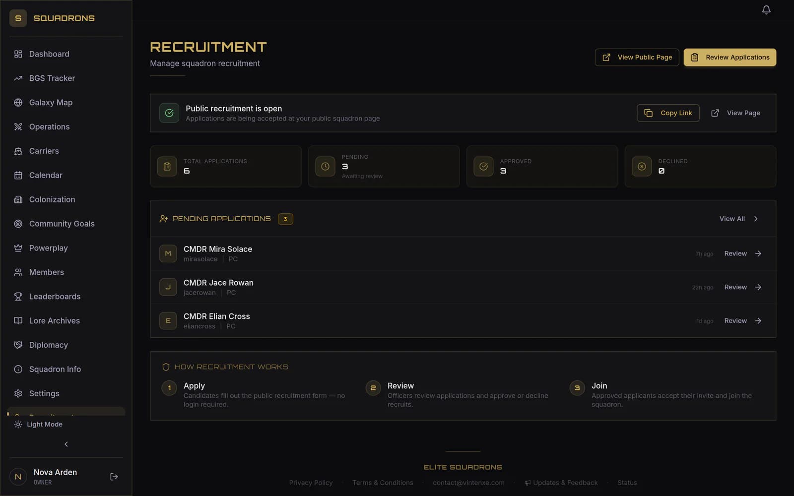 The recruitment console with public recruitment open and three pending applications awaiting officer review